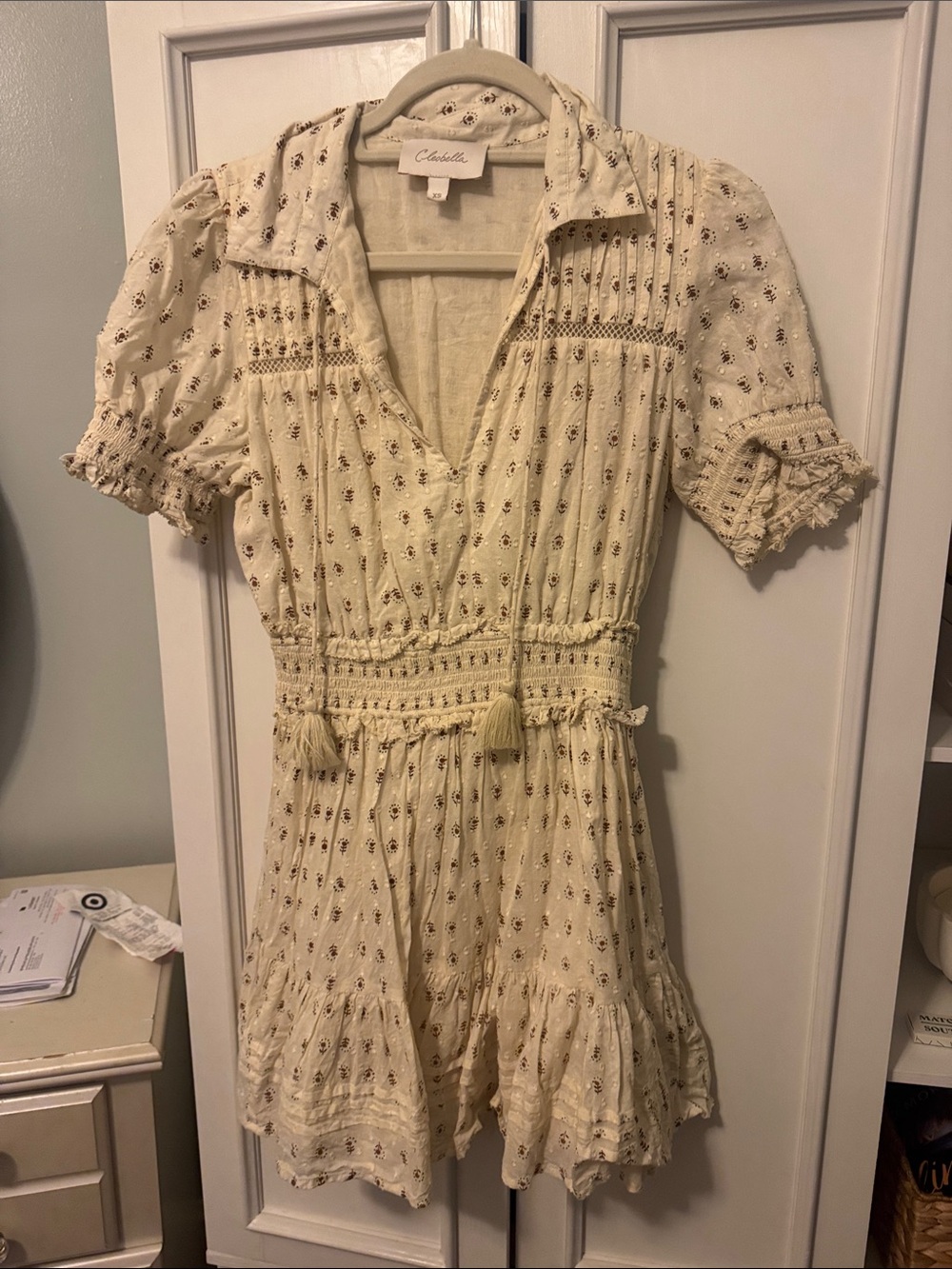Cleobella Cream Floral Mini Dress with Tassel Tie